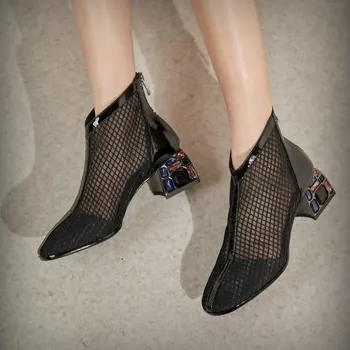 

Hollow Mesh Women Ankle Boots 2020 Summer Sexy Genuine Leather rouned Toe crystal high Heels Party Casual Shoes Woman