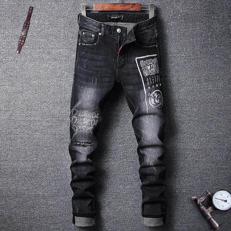 

Newly Designer Fashion Men Jeans Black Slim Fit Ripped Jeans Men Printed Designer Punk Pants Streetwear Hip Hop Jeans Homme
