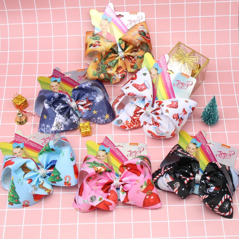 7" Christmas Jojo Siwa Hair Clip for Hair Cute Print Ribbon Hair Bows Rhinestone JOJO BOWS Children Kids Xmas Hair Accessories