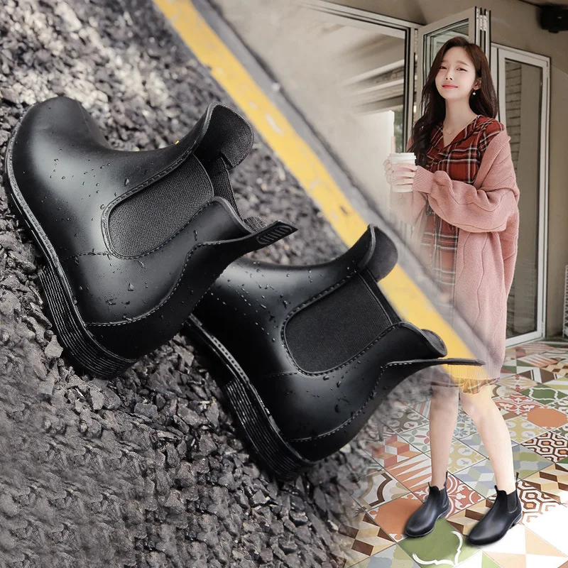 Houlife Fashion Chelsea Women Rain Boots Low Top Footwear Waterproof Rubber PVC Black/Brown Color Slip-Resistant Shoes, 1Pair