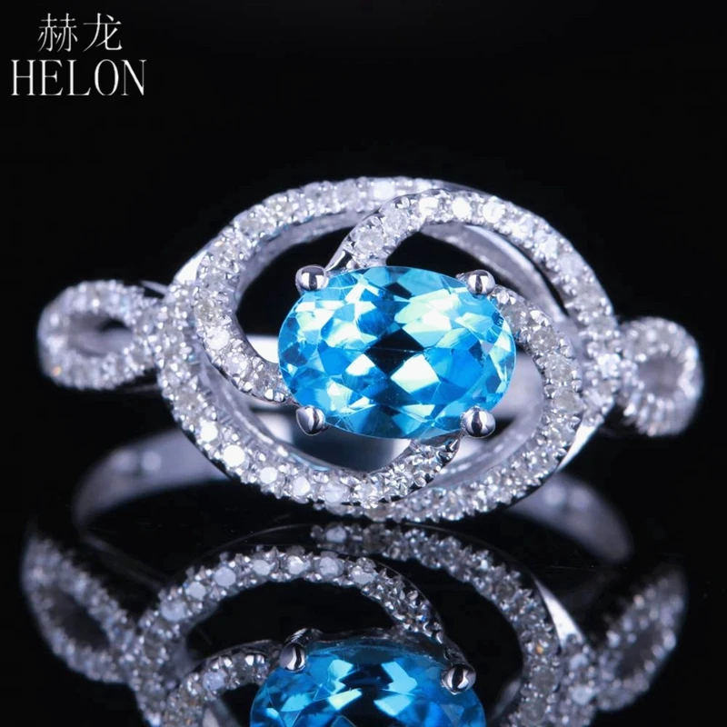 

HELON Solid 14K White Gold Flawless Oval 7x5mm Genuine Blue Topaz Diamonds Engagement Wedding Ring Women Jewelry Gemstone Ring