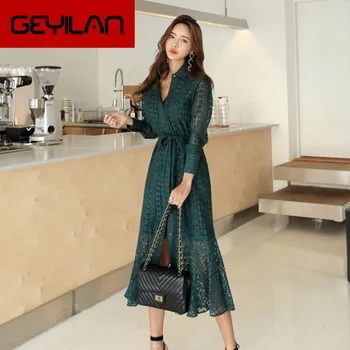 

Vintage Hollow-out Lace Women Long Dress Bandage Elegant Mermaid Female Dress Full Sleeve Vestidos