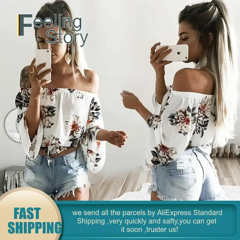 С длинными рукавами и цветочным принтом boho Топ Блузка сексуальная Slash шеи с плеча