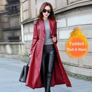 

Heydress 2019 autumn Black Red Color Long Thick Women Leather Coat Long Sleeve Waist Strap Pocket Female Jacket
