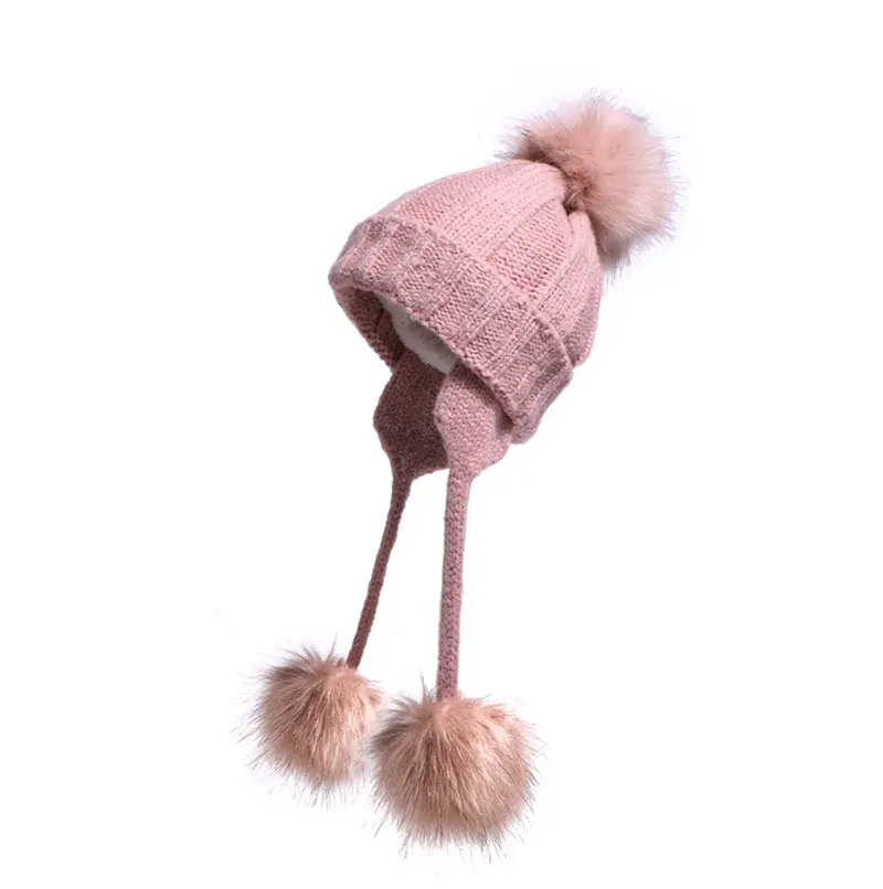 Зимние теплые шапки с помпоном меховые ухогрейки для женщин Шапки меховая женская шапка Выходная шляпа с тремя шарики для волос помпон Милая шапочка