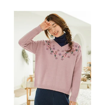 

INMAN Autumn Winter New Arrival V-neck Jacquard Weave Loose Leisure Literature Vintage Pullover