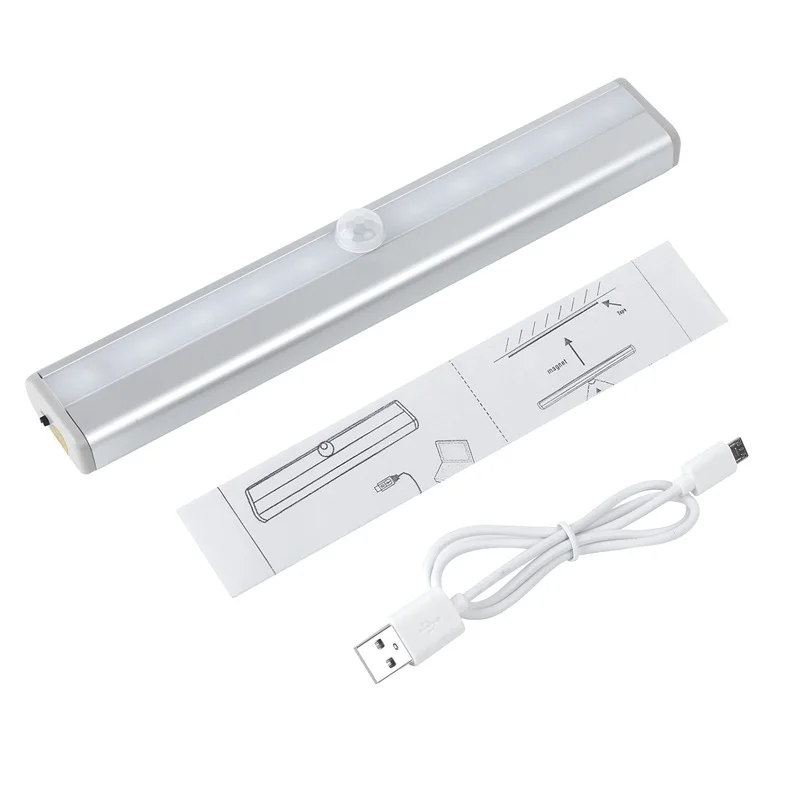 

10LED USB Rechargeable Undercounter Cabinet Light Sensor Motivated for Home Furniture Decoration Closet Bed White Light