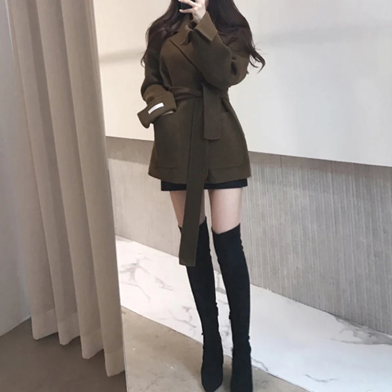 YUANMING, элегантное шерстяное Женское пальто, винтажное, с поясом, карманами, женское, смесь, пальто, Осень-зима, для офиса, для девушек, пальто, куртки