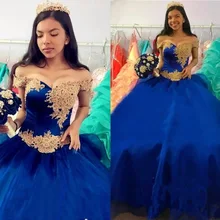 Королевский синий Бальные платья с открытыми плечами и кружевной аппликацией, Пышное Бальное Платье, Vestido de 15 anos de debutante Ballkleid