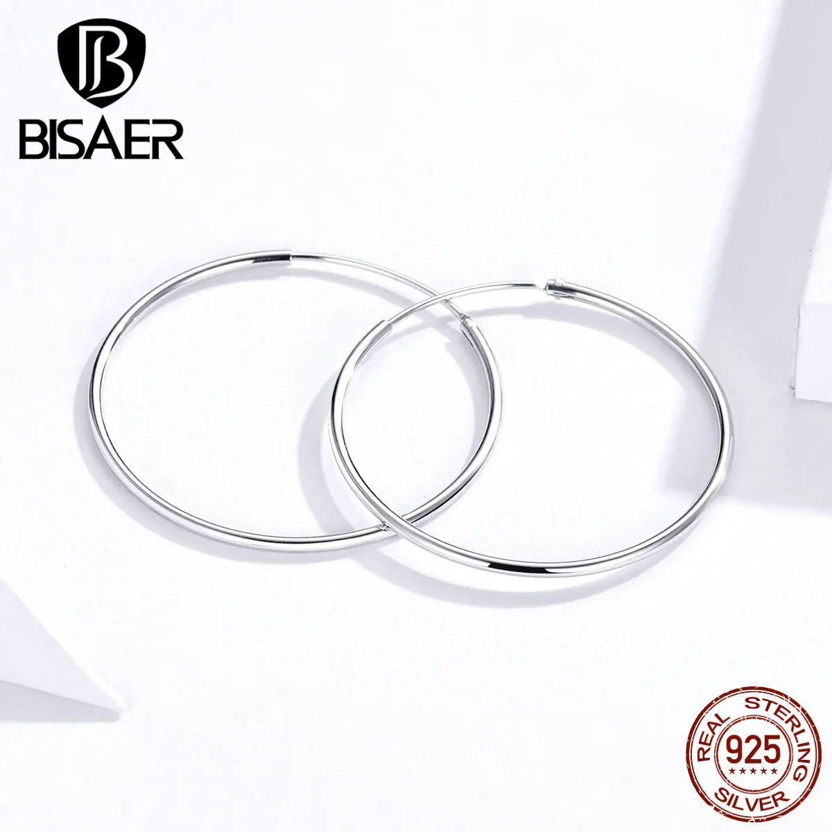 Большие серьги BISAER, распродажа, 925 пробы, серебряные, большие круглые серьги-гвоздики для женщин, гипербола, стильные ювелирные изделия ECE710