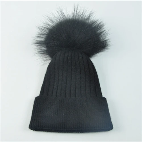 Зимние шапки с натуральным мехом, женские теплые вязаные шапки в стиле пэчворк, шапка из натурального меха енота, шерстяная шапка, Модный женский меховой колпачок для помпонов, шапка - Цвет: Black match fur