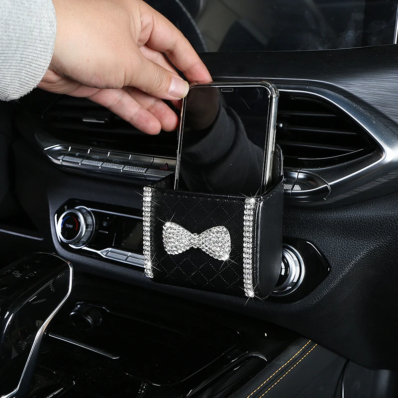 Diamond Crown Car Organizer Box Bag Air Vent Hanging Crystal Leather Universal Car Mobile Phone Holder Auto Interior Accessories 3