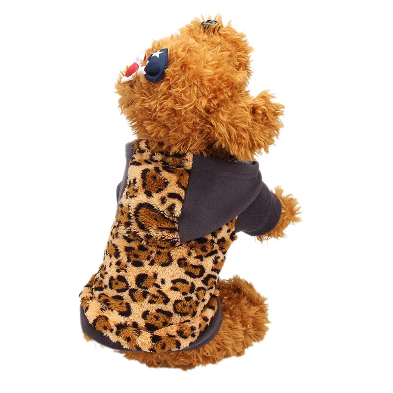Leopard print Зимняя Теплая Флисовая одежда для собак с изображением кота и собаки; толстовка с капюшоном с милым рисунком; комбинезон с двумя ножками; одежда - Цвет: Leopard print