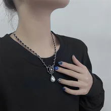 

Personality Pearl Camellia Sweater Necklace Chain Female Fashion Hip Hop PU Leather Pendant Long Style necklace