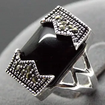 

wholesale good 24*13mm 925 SILVER BELT NATURAL OBLONG BLACK AGATE MARCASITE RING SIZE 7/8/9/10 Fine man's jewelry Genuine Wedd