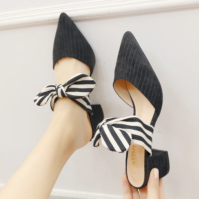 

Spring/summer Trend New Products Pointed Toe Thick with Striped Bow Sandals Half-drag High Heels Women Shoes Zapatos De Mujer
