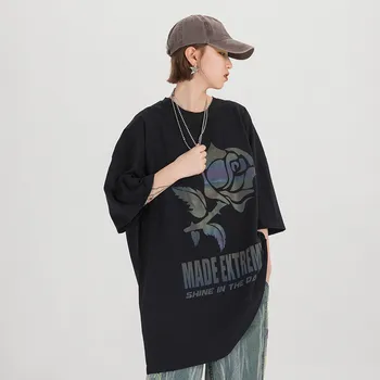 

Male Women Couple High Street Hip Hop Loose Tee Dress Shirt Men Reflective Rose Print Casual Short Sleeve T-shirt