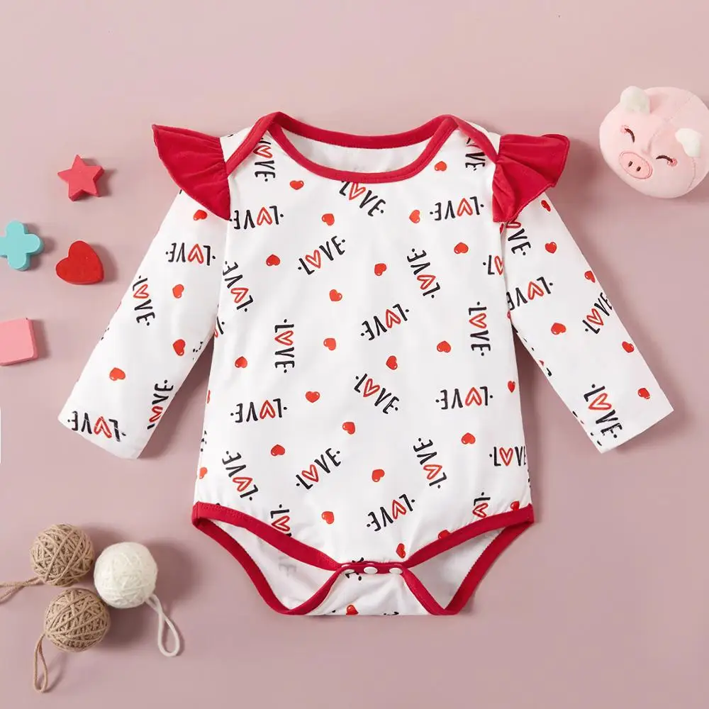 PatPat 2020 Summer New Baby One Pieces Stylish LOVE Allover Print Ruffled Long-sleeve Romper |