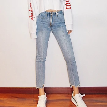 

2019 new fashion women's clothing Jeans irregular high waist slim straight pants hem nine pants