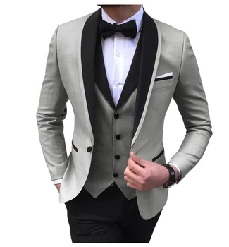 Blue Slit Mens Suits 3 Piece Black Shawl Lapel Casual Tuxedos for Wedding Groomsmen Suits Men 2020 (Blazer+Vest+Pant) 16