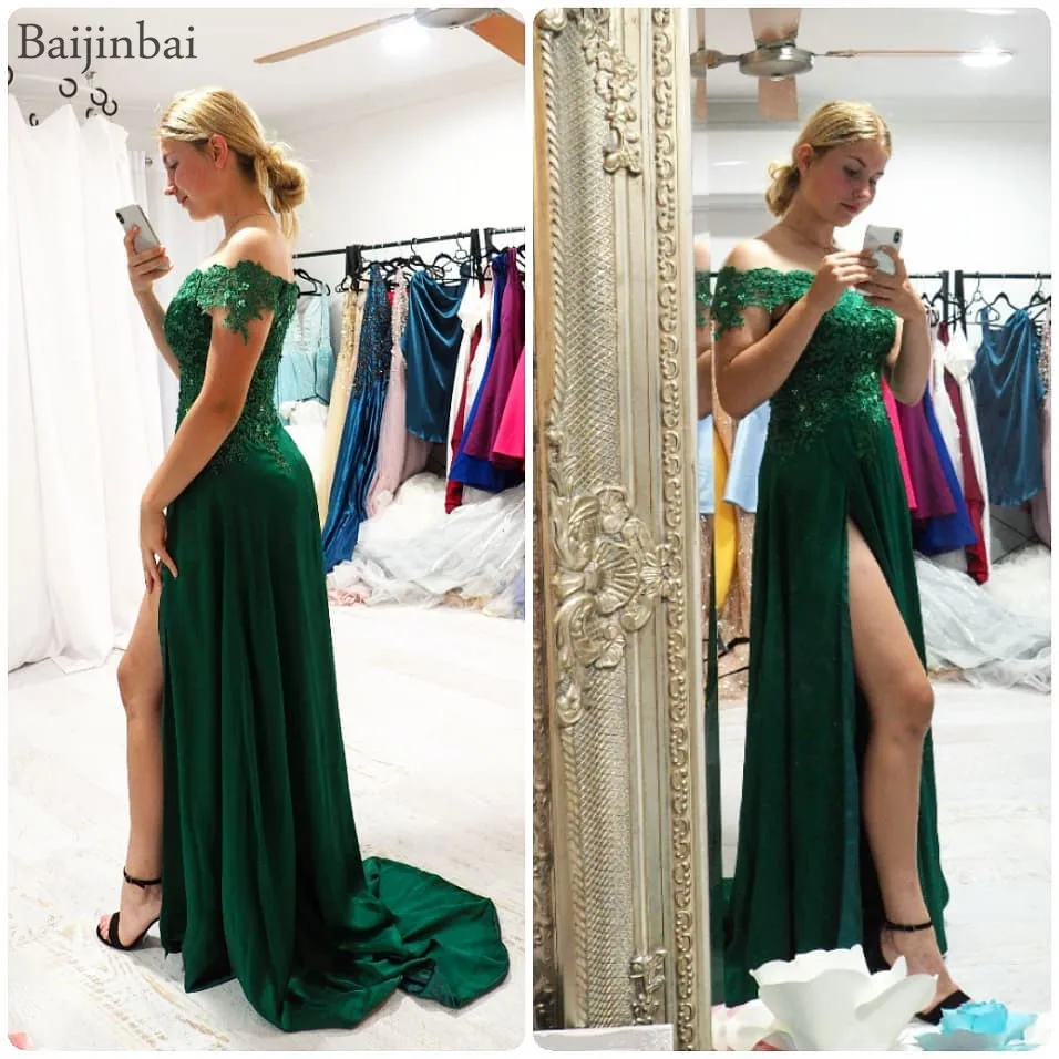 

Baijinbai Off Shoulder Lace Evening Dresses Long robe de soiree Appliques A-line Formal Party Gowns Satin Side Slit Prom Dress