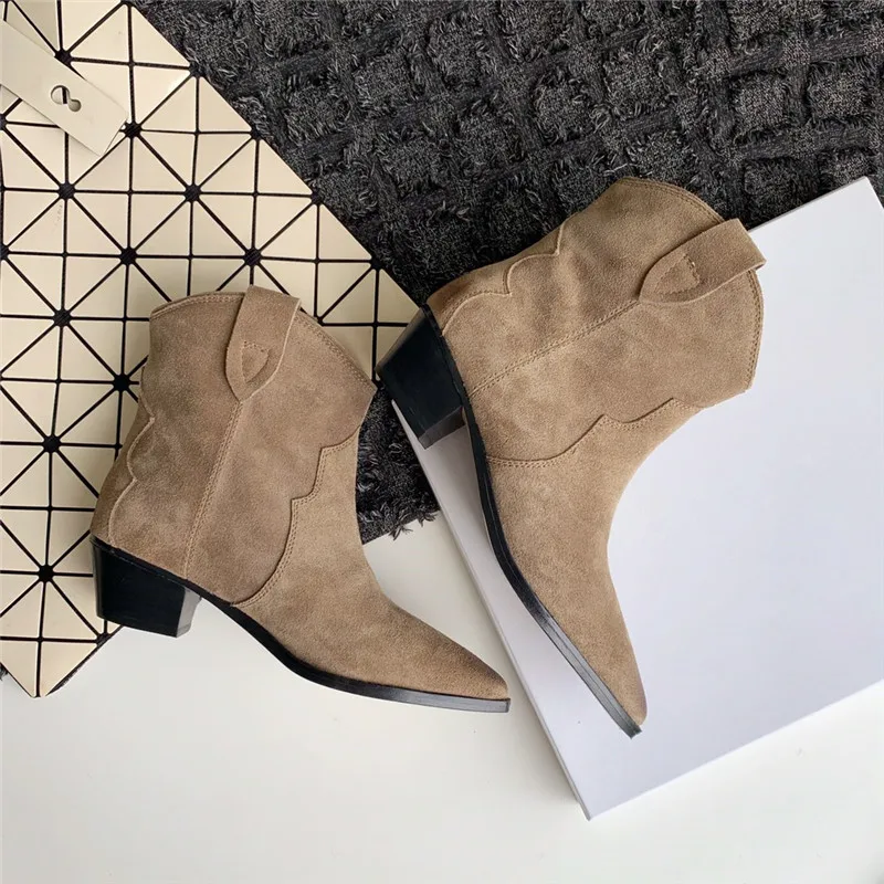 Beige Классические ботильоны; женские удобные слипоны с острым носком; обувь для шоппинга; ботинки на квадратном каблуке средней высоты; Лидер продаж года; разноцветные женские ботинки - Цвет: Beige