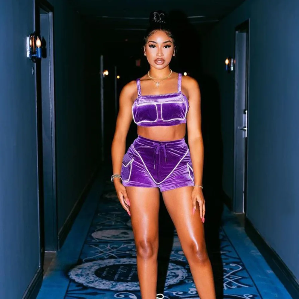 

Reflective Velvet Women's Tracksuit Sexy Patchwork Vest Crop Top With Shorts Two Piece Set Casual Pocket Evening Club Women Sets