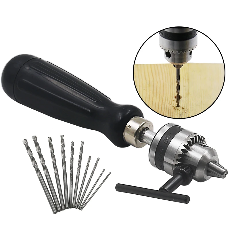 

HLZS-Adjustable Pin Vise Model Hand Drill Tool With Chuck Capacity 0.6-6mm Fit Drill Bits Screwdriver Bit Plus 10pcs Drill