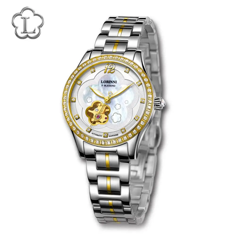 Новые роскошные брендовые швейцарские LOBINNI женские часы Япония MIYOTA 8N24 автоматические механические часы сапфировые женские часы L2006L - Цвет: Gold White