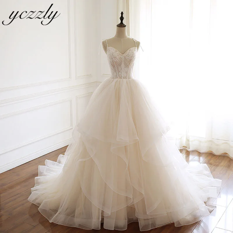 Vestido De Novia De Плайя пикантные тонкие бретельки бальное платье принцессы Свадебные платья с оборками Длинные кружевные свадебные платья W112
