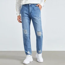 

2022 Autumn Street Straight Leg Denim Pants Slim-Fit Men's Ripped Jeans Casual Wear And Wash Pocket Men Trousers Size S-2XL