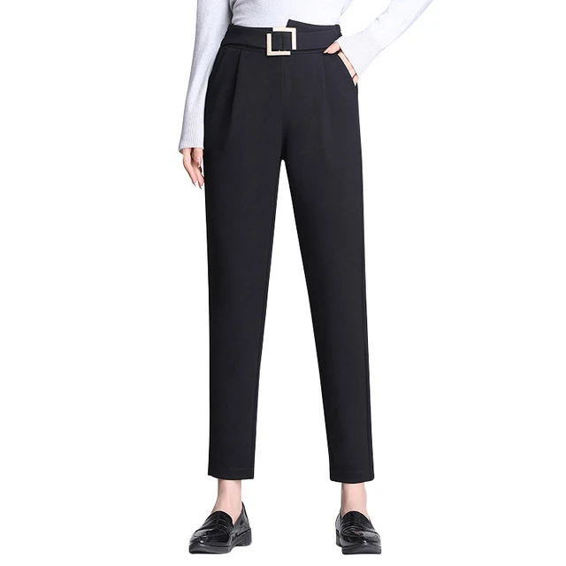 Pantalones de trabajo estilo coreano para pantalones negros, pantalones Harem de cintura alta, pantalones de vestir para mujer, pantalones cónicos de otoño cinturón|Pantalones y pantalones capri| - AliExpress