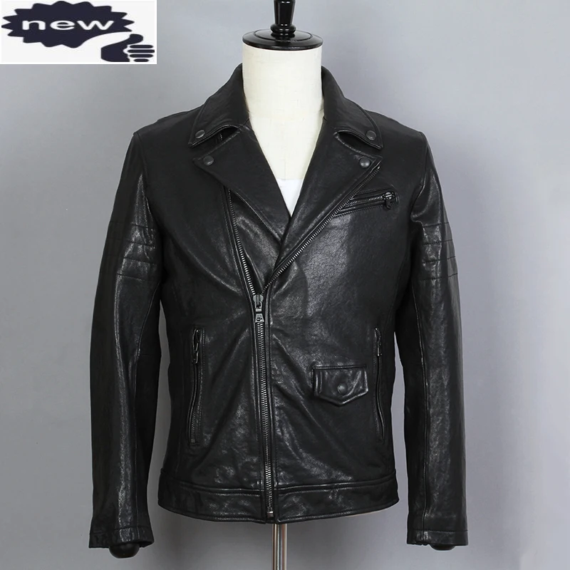 

Fashion Slim Fit Genuine Jacket Men Black Sheepskin Lapels Diagonal Zipper Short Real Leather Motorcycle Coat