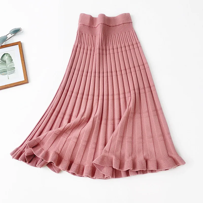 Autumn Winter Solid Jacquard Knit Skirts New Korean High Waist A-Line Stripe Long Skirt Women Ruffles Mermaid Skirt