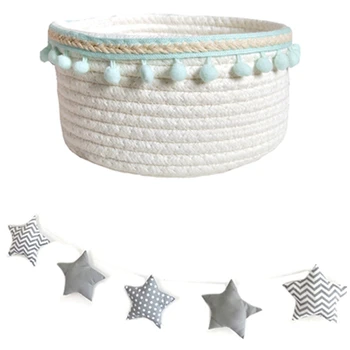

1Pcs Round Cotton Rope Storage Basket Blue & 1 String Star Garlands Kids Room Wall Decorations Photography Props Grey
