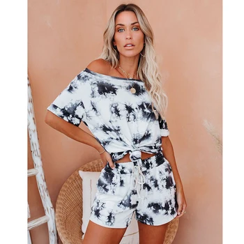 

2Pcs Women Tie-Dye Home Pajamas Set Short Sleeve Round Neck Top and Drawstrings Waist Shorts Ladies Split Sleepwear