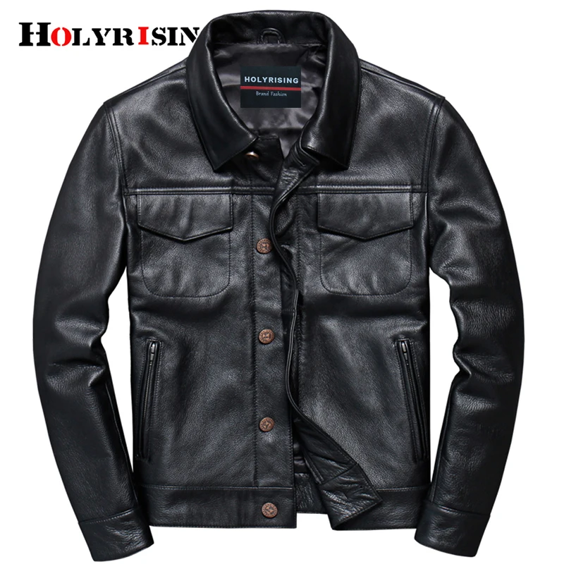 Holyrising Men Cow leather Jackets VintageTurn Collar Outerwear Casual Leather Jacket Motorcycle Overcoat Black Topcoats 19026-5