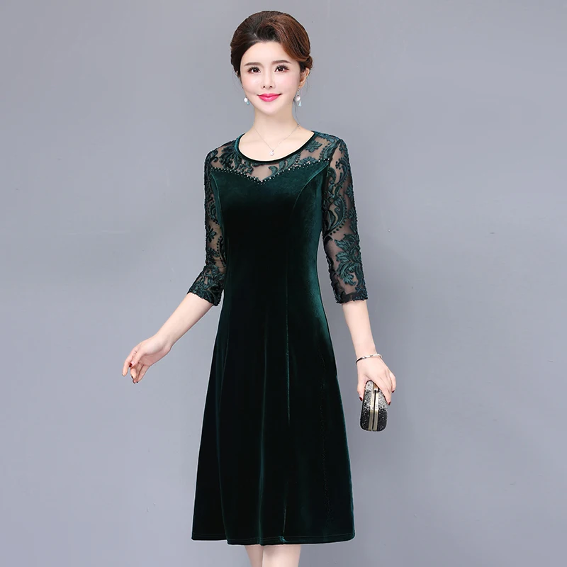 

New 2021 Women's Velour Party Dress Elegant Half Sleeve Gold Velvet Dress Ladies Vintage Lace Patchwork Slim Waist Dress