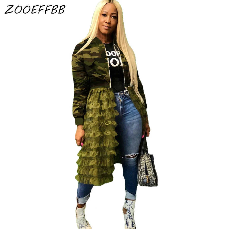ZOOEFFBB, Camoflage пальто и куртки для женщин, плюс размер, верхняя одежда, комбинезоны, осенняя одежда, сетка, оборки, подол, длинный рукав, куртка-бомбер