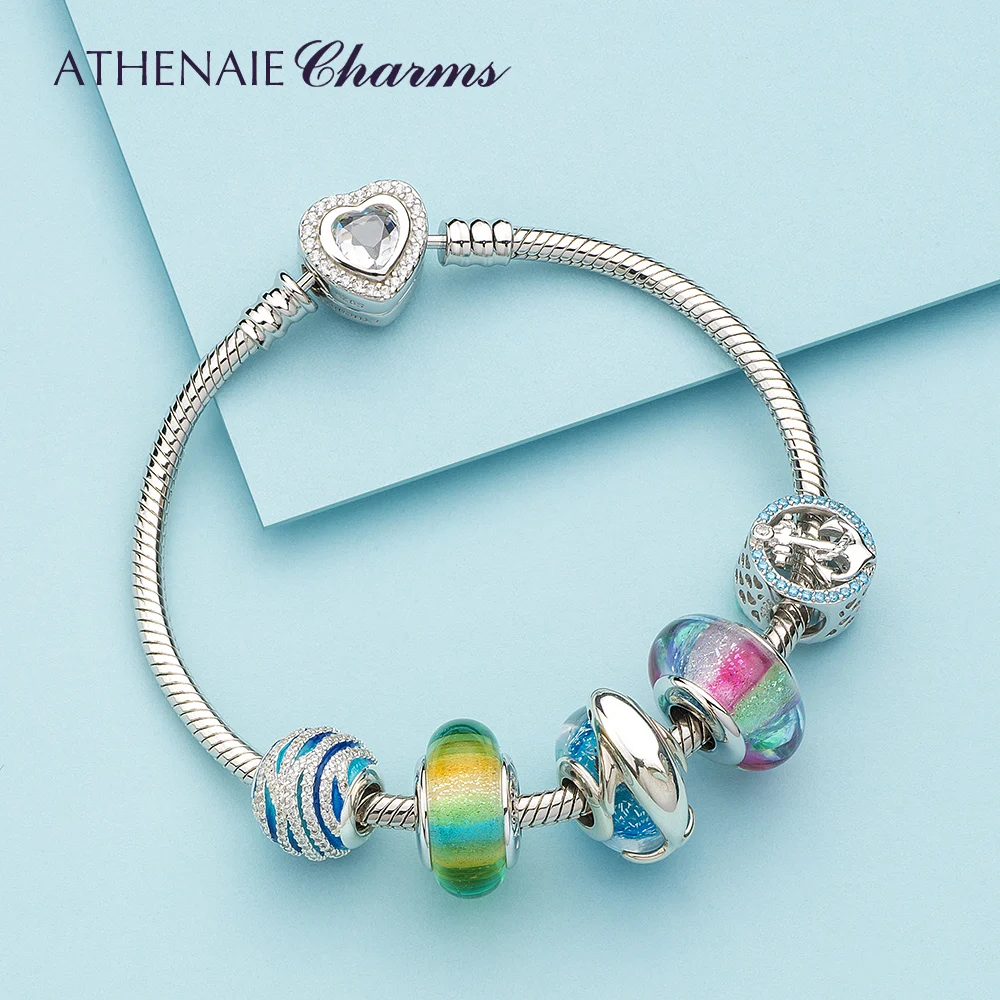 

ATHENAIE Authentic 925 Sterling Silver Luxury Rainbow Dolphin Bay Charms Bracelet with Murano Glass Beads for Women Summer Gift