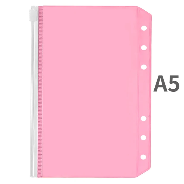 A5/A6 Binder Pockets PVC Binder Loose Leaf Bag Colorful Zipper Folders For 6-Ring Notebook Binder Pouch Document Filing Bags A5-Pink