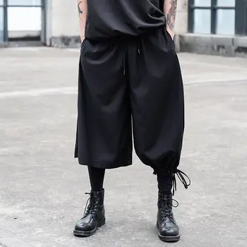 

EWQ / men's wear japan style casual wide leg pants left long and right short Asymmetric design loose black trousers new 9Y2492