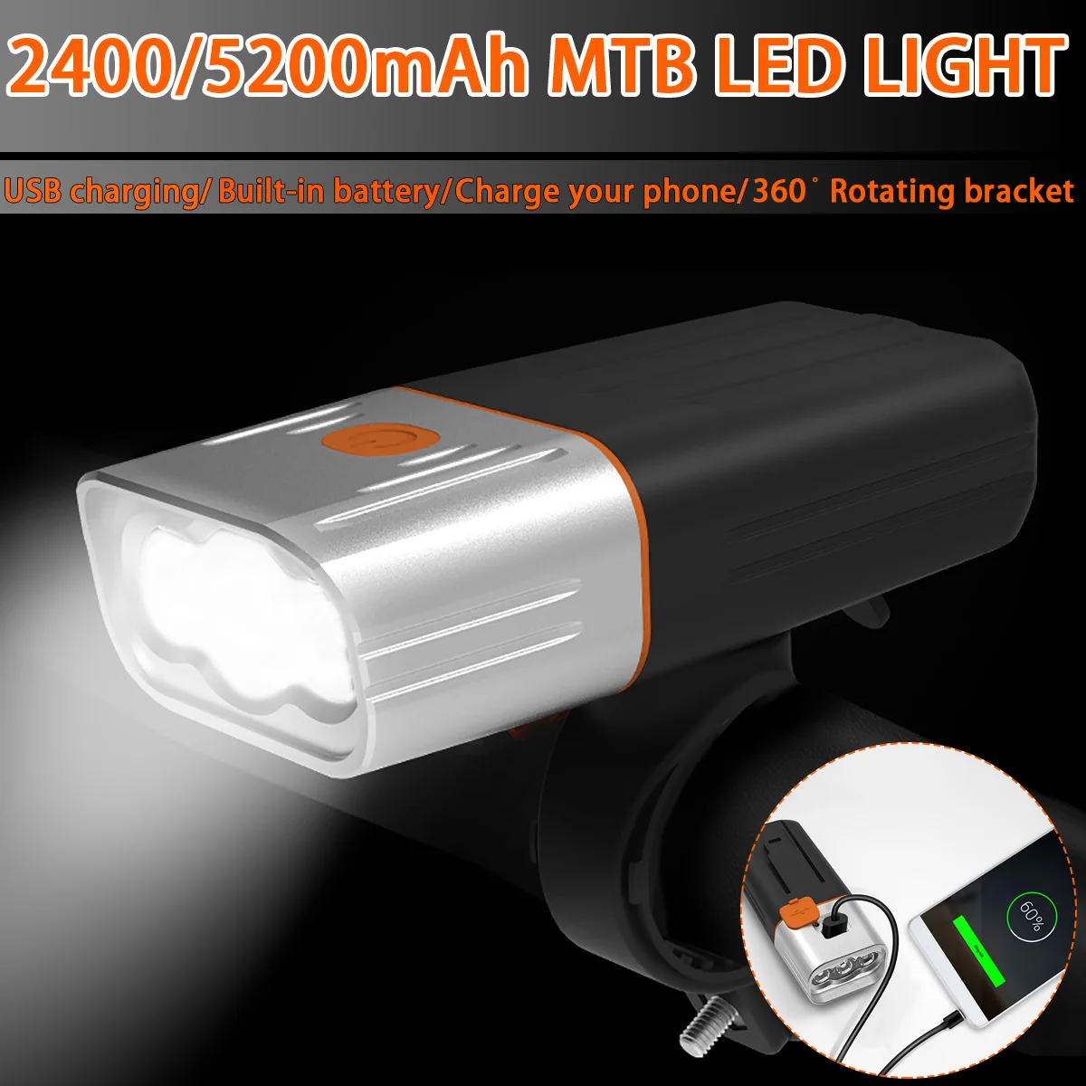 

Front Bike Headlight L2/T6 LED MTB Bicycle Light Waterproof Bike Front Headlight Lamp USB Rechargeable 5200mAh Bicycle Accessory