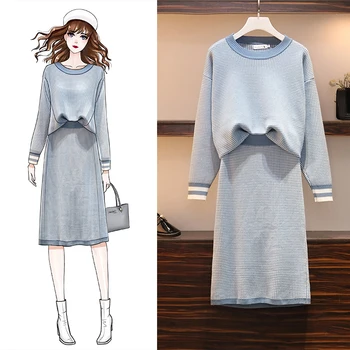 

Plus Size 4XL Chic Sweater Suits Women 2019 Striped Plaid Pattern Knitted Sweater + High Waist Pencil Skirt 2 Piece Sets L4053