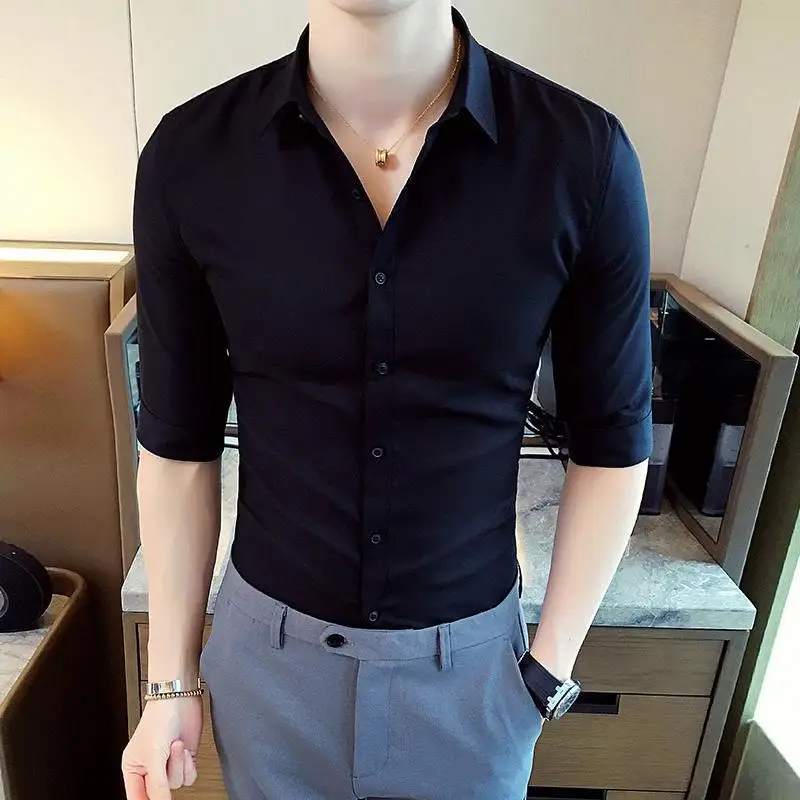 Мужская рубашка Slim Fit Мужская Повседневная рубашка на пуговицах три четверти рукав официальные сорочки мужская одежда Camisa XXXL