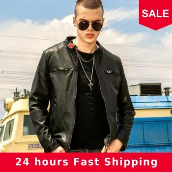 

2020 Black Men Slim Fit Biker's Leather Jacket Plus Size XXXL Genuine Sheepskin Autumn Russian Short Motorcycle Leather Coat
