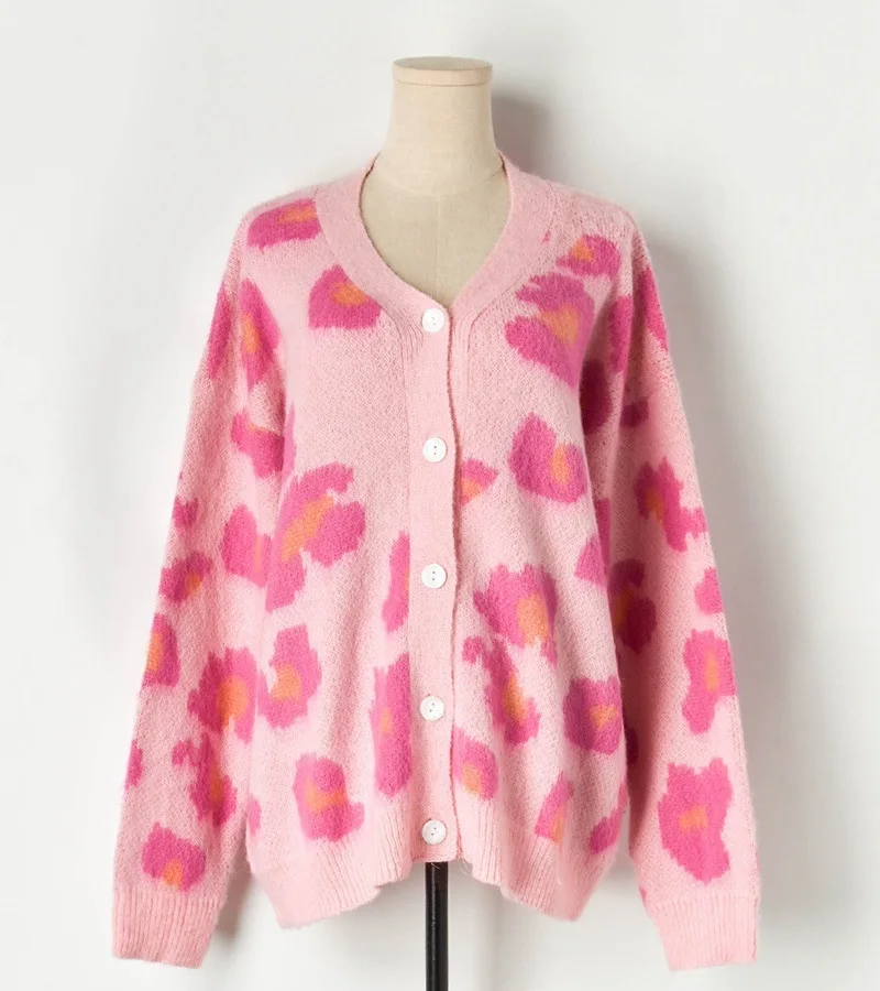 

2019 Winter Sweet Floral Print Pink Sweaters Cardigans For Women Runway Long Sleeve Female Fall Sweater Jumper Clothes