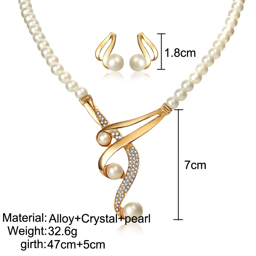 Vintage African Simulated Pearl Bridal Jewelry Sets For Women Wedding Crystal Gold Color Necklace Earrings Bracelet Set