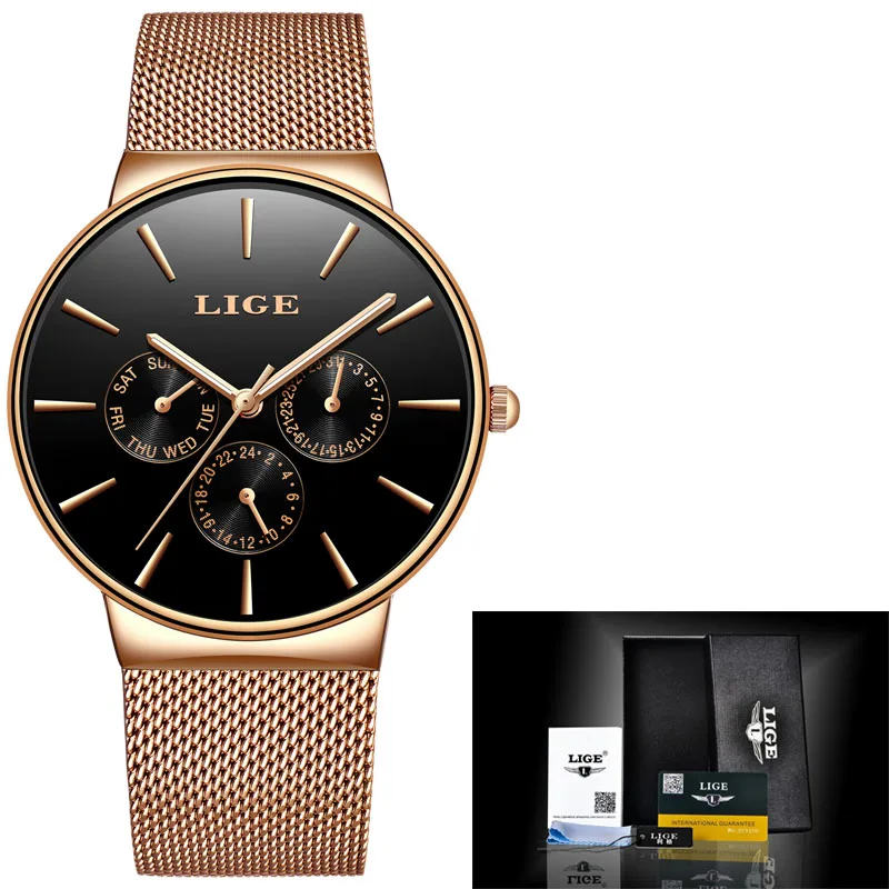 Rose gold black LIGE женские часы лучший бренд класса люкс водонепроницаемые часы Модные женские из нержавеющей стали ультра-тонкие повседневные наручные часы кварцевые часы - Цвет: Rose gold black