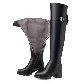 

Over the knee boots female 2019 winter leather plus velvet women's shoes long boots thick with women's cotton boots